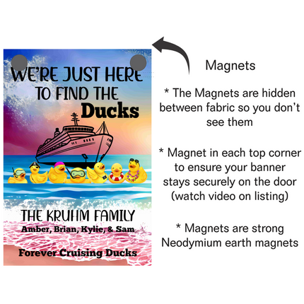 A graphic explaining the magnetic feature of a personalized cruise door banner. The banner shows a colorful tropical beach scene with a cruise ship, rubber ducks, and text that reads “We’re Just Here to Find the Ducks,” “The Kruhm Family – Amber, Brian, Kylie, & Sam,” and “Forever Cruising Ducks.” Two gray circles indicate where magnets are hidden inside the top corners of the banner. Text on the right explains: “The magnets are hidden between fabric so you don’t see them,” “Magnet in each top corner ensure