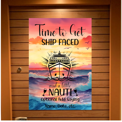 Decorative poster with a ship and sunset design on a wooden background