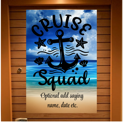 Decorative sign with 'Cruise Squad' text and anchor design on a beach background.