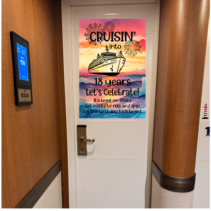 Door with a celebratory poster for a cruise-themed birthday, featuring a ship and sunset design.
