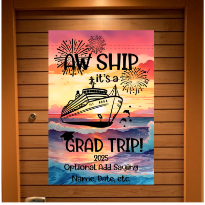 Graduation-themed banner with ship and sunset design on a wooden background