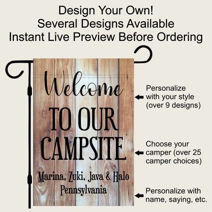 Camper Flag, Welcome to our campsite garden flag, camper outdoor decor, Personalized camp sign, Camper Essentials, Camping Gift, RV Decor