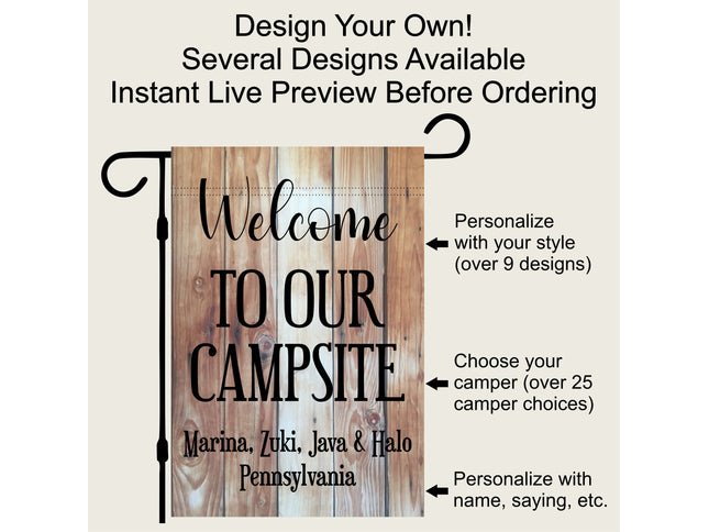 Camper Flag, Welcome to our campsite garden flag, camper outdoor decor, Personalized camp sign, Camper Essentials, Camping Gift, RV Decor