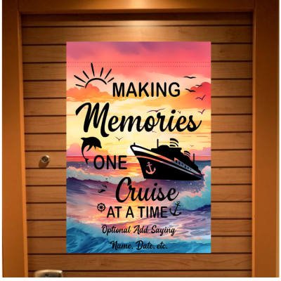 Decorative banner with a cruise ship design and text on a wooden background