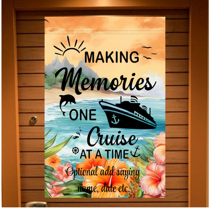 Decorative banner with a cruise ship design and text on a wooden background