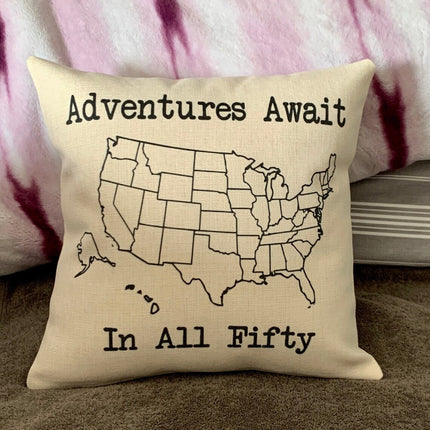 Adventures Await USA Map Travel pillow cover