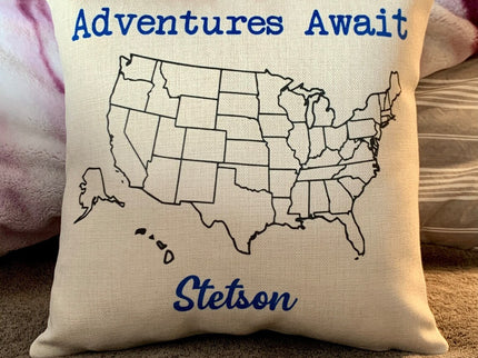 Adventures Await USA Map Travel pillow cover