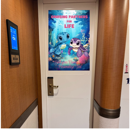 Stateroom Door with a colorful poster of cartoon turtles and text on a cruise ship.