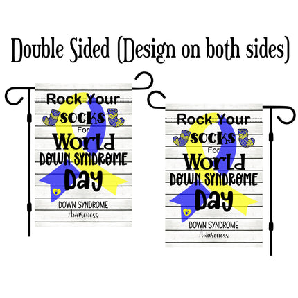 World Down Syndrome Day Garden Flag, Rock Your Socks - Blue and Yellow Ribbon