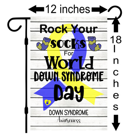 World Down Syndrome Day Garden Flag, Rock Your Socks - Blue and Yellow Ribbon