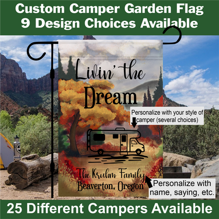 Personalized Fall Camping Garden Flag – Bright Colors, Custom RV Trailer Sign, Outdoor Decor, Perfect Gift for Campers & Travelers