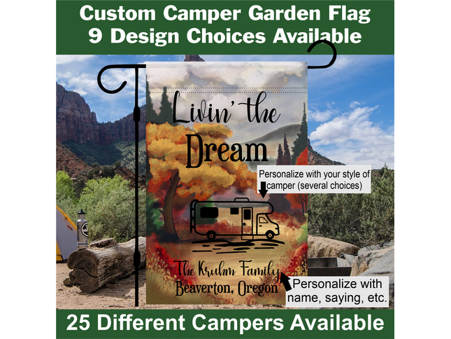 Personalized Fall Camping Garden Flag – Bright Colors, Custom RV Trailer Sign, Outdoor Decor, Perfect Gift for Campers & Travelers