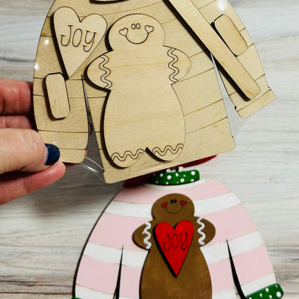 DIY Christmas Sweater with gingerbread wood ornament kit