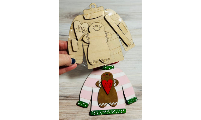 DIY Christmas Sweater with gingerbread wood ornament kit