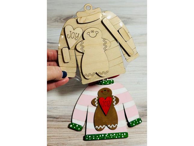 DIY Christmas Sweater with gingerbread wood ornament kit