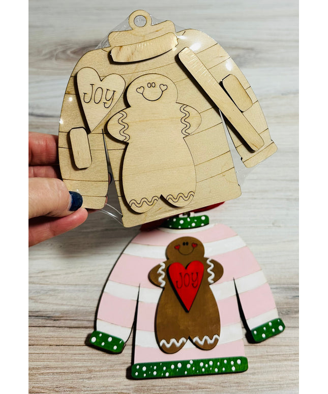 DIY Christmas Sweater with gingerbread wood ornament kit
