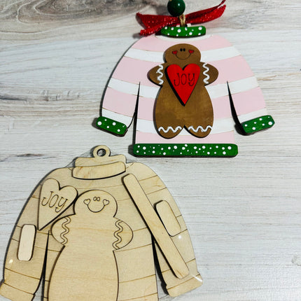 DIY Christmas Sweater with gingerbread wood ornament kit