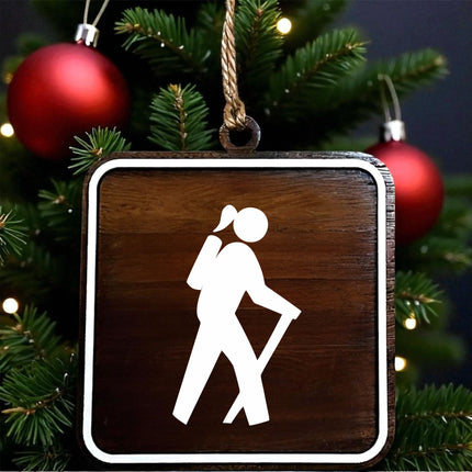 Female Hiker Ornament, Recreational Trail Sign, Gift for Female Backpacker, National Park Icon, Christmas Tree Decor, Personalized Gift, Keepsake