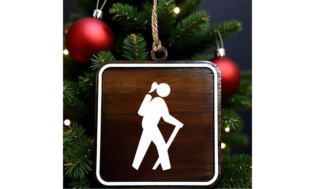 Hiking Christmas Tree Ornament, National Park Trail Sign Hiker Symbol, Female Backpacker Gift, Personalized Outdoor Adventure Keepsake