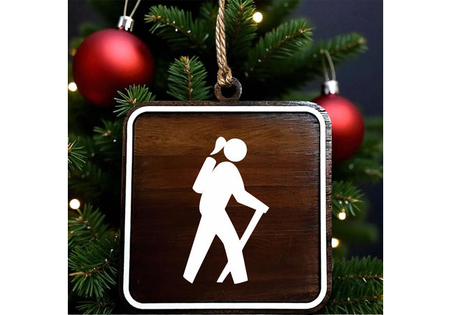 Hiking Christmas Tree Ornament, National Park Trail Sign Hiker Symbol, Female Backpacker Gift, Personalized Outdoor Adventure Keepsake