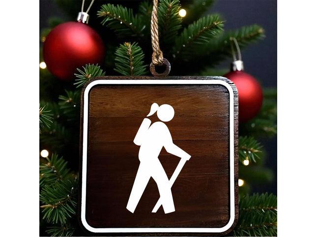 Female Hiker Ornament, Recreational Trail Sign, Gift for Female Backpacker, National Park Icon, Christmas Tree Decor, Personalized Gift, Keepsake