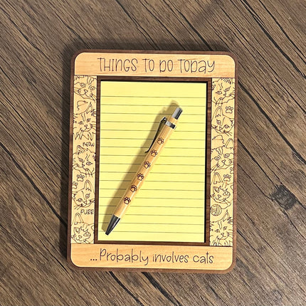 Magnetic wooden cat list holder with notepad and pen, laser engraved memo board 8.5 x 6.5 for kitchen or fridge