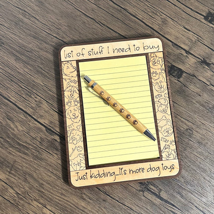 Magnetic wooden dog list holder with notepad and pen, laser engraved memo board 8.5 x 6.5 for kitchen or fridge