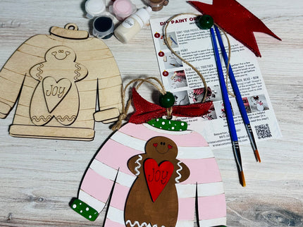 DIY Christmas Sweater with gingerbread wood ornament kit