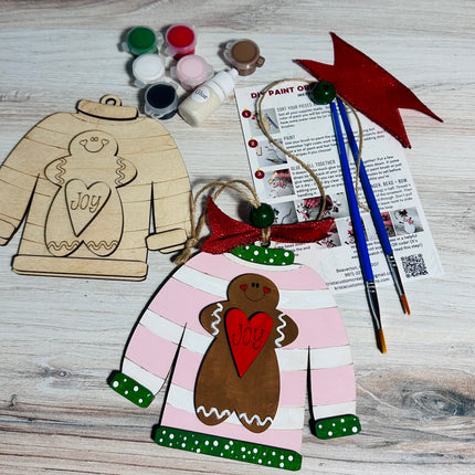 DIY Christmas Sweater with gingerbread wood ornament kit