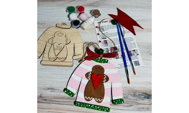 DIY Christmas Sweater with gingerbread wood ornament kit
