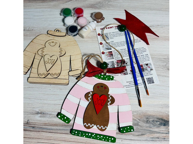 DIY Christmas Sweater with gingerbread wood ornament kit