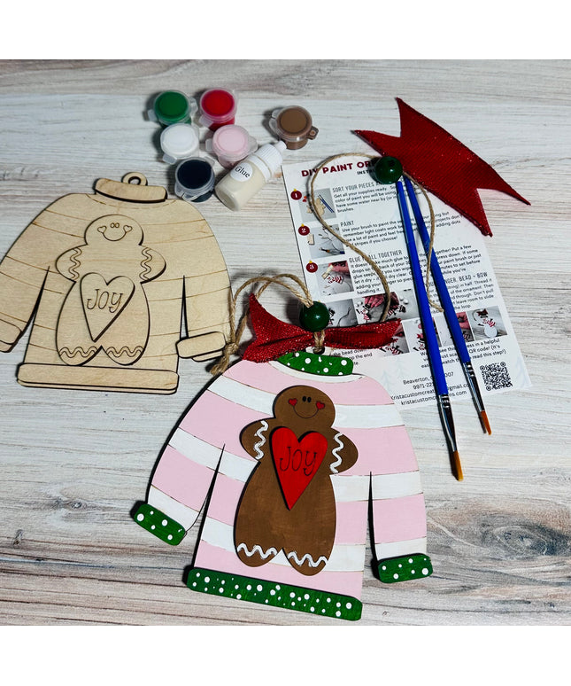 DIY Christmas Sweater with gingerbread wood ornament kit