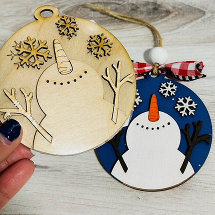 DIY snowman watching snow fall wood ornament kit