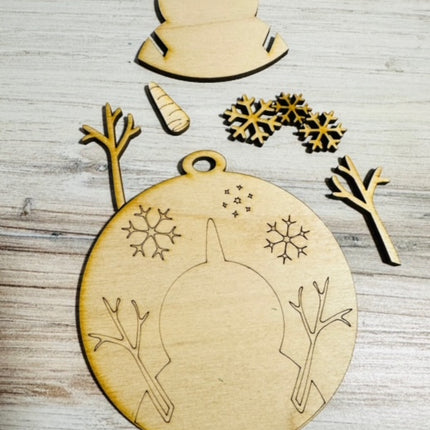 DIY snowman watching snow fall wood ornament kit