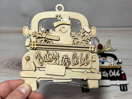 DIY Baby it's Cold snowman in vintage truck wood ornament