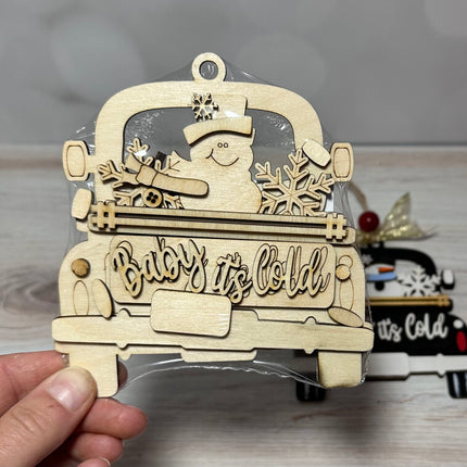 DIY Baby it's Cold snowman in vintage truck wood ornament