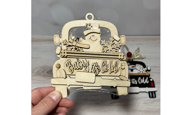 DIY Baby it's Cold snowman in vintage truck wood ornament
