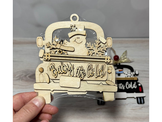 DIY Baby it's Cold snowman in vintage truck wood ornament