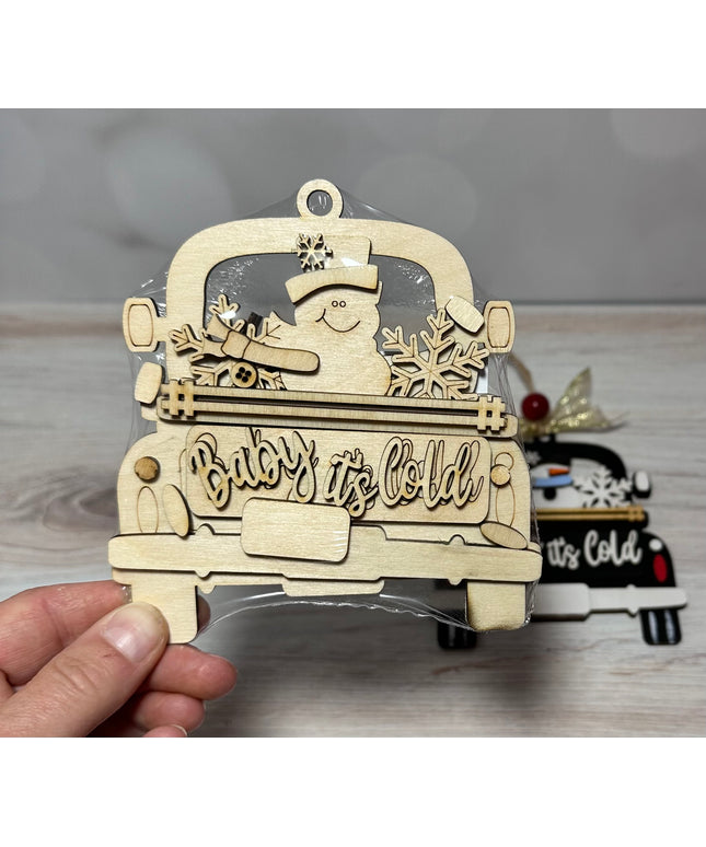 DIY Baby it's Cold snowman in vintage truck wood ornament
