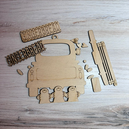 DIY gingerbread in vintage truck wood ornament kit