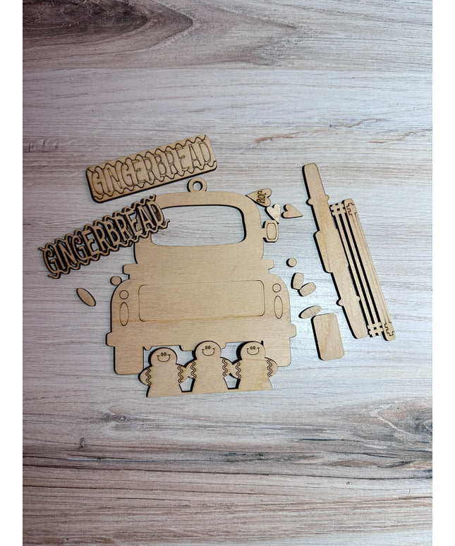 DIY gingerbread in vintage truck wood ornament kit