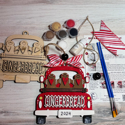 DIY gingerbread in vintage truck wood ornament kit