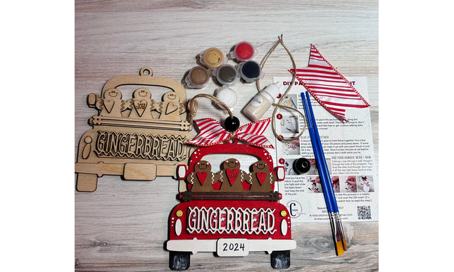 DIY gingerbread in vintage truck wood ornament kit