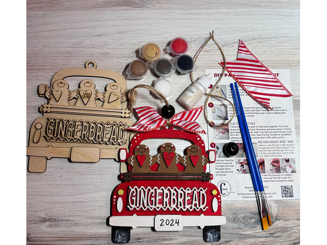 DIY gingerbread in vintage truck wood ornament kit
