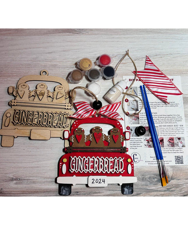 DIY gingerbread in vintage truck wood ornament kit