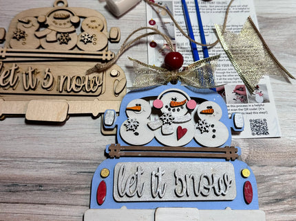 DIY Let it snow Vintage truck with snowman wood ornament kit
