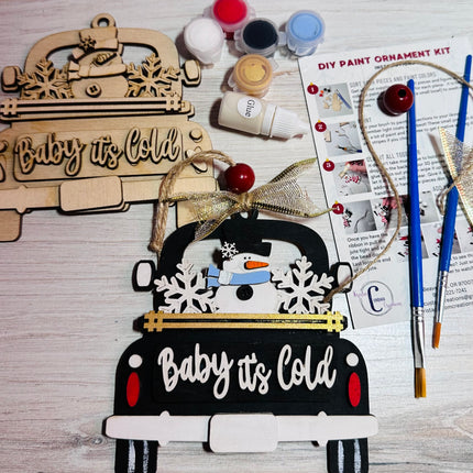 DIY Baby it's Cold snowman in vintage truck wood ornament