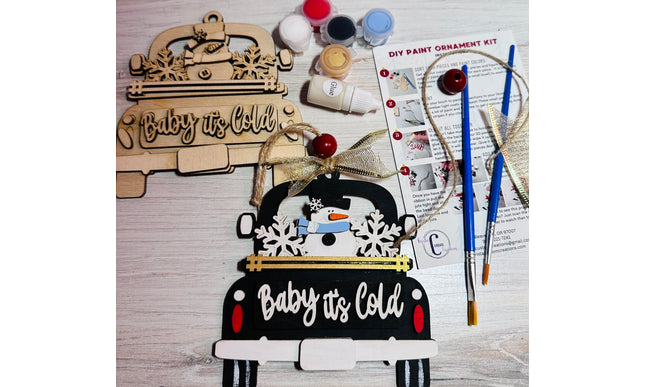DIY Baby it's Cold snowman in vintage truck wood ornament