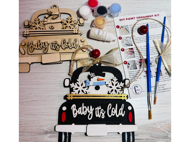 DIY Baby it's Cold snowman in vintage truck wood ornament