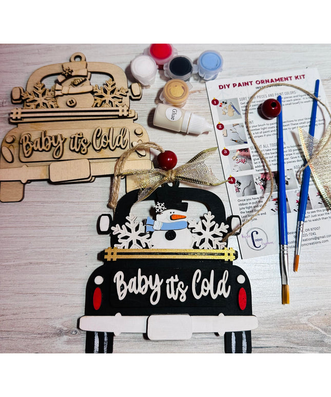 DIY Baby it's Cold snowman in vintage truck wood ornament